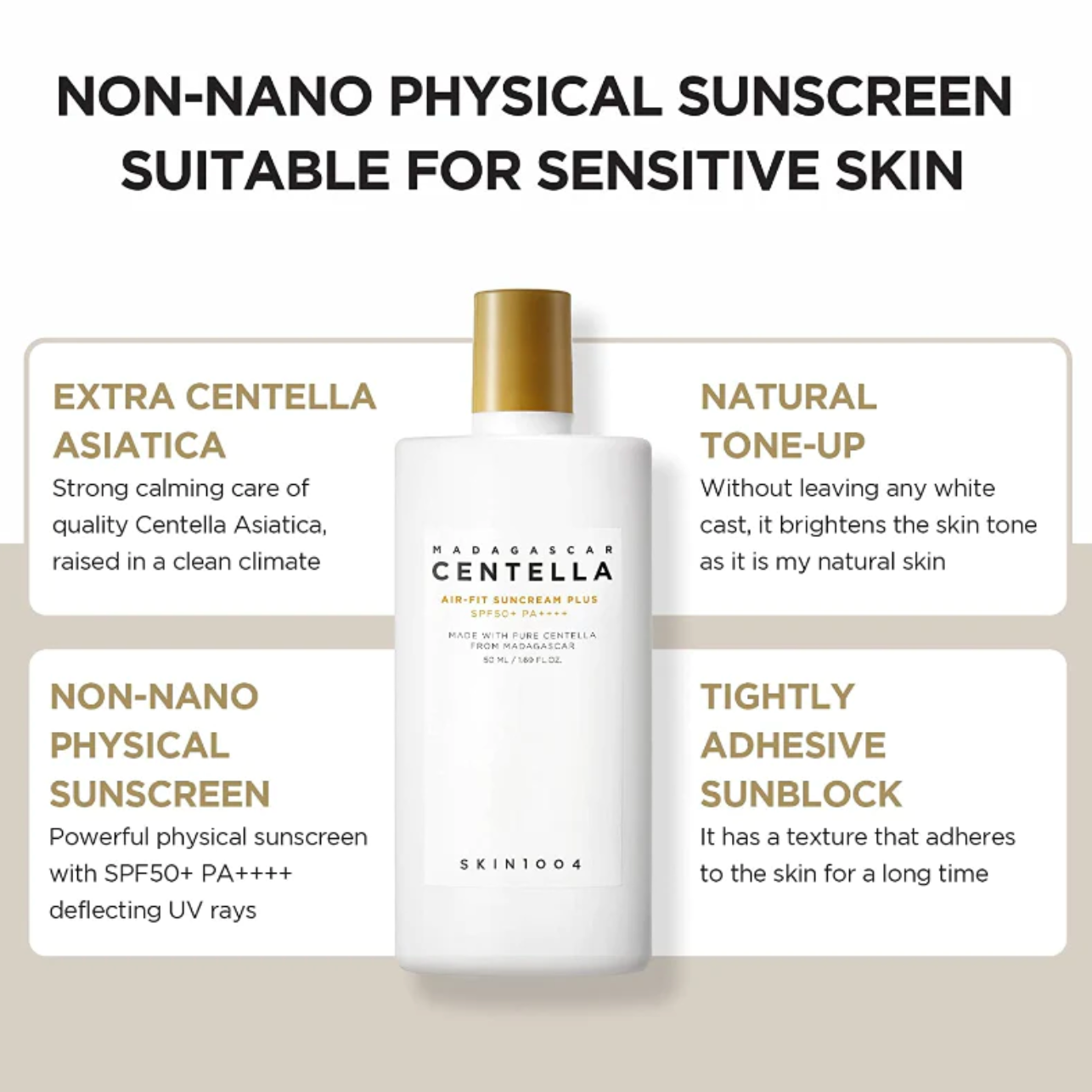 Skin1004 Madagascar Centella Air-Fit Suncream Plus is een fysische zonnebrandcrème verrijkt met 29.4% Centella Asiatica Extract, een ontstekingsremmend en kalmerend ingrediënt.