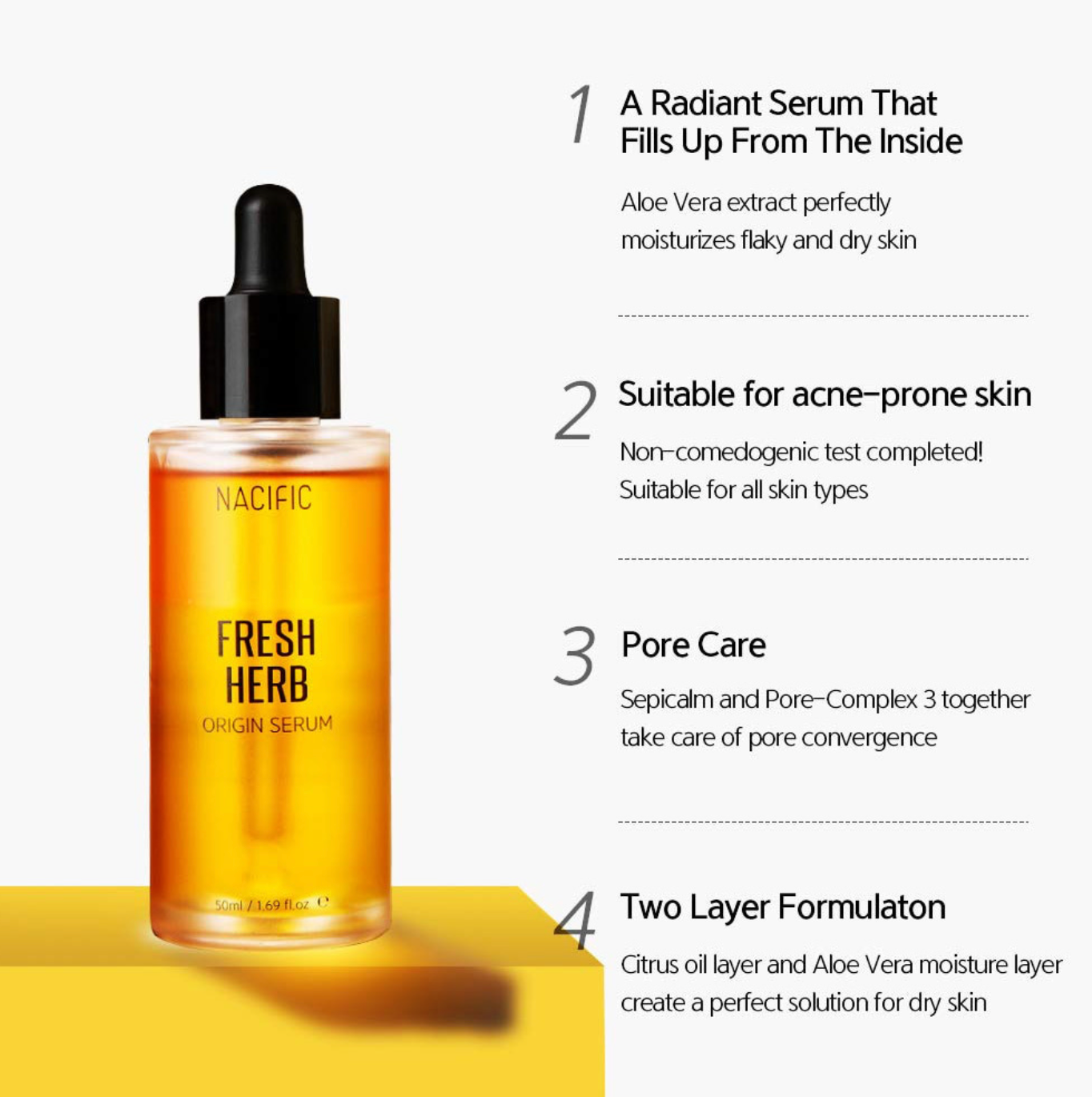 NACIFIC Fresh Herb Origin Serum bestaat uit twee lagen, Aloë Vera en Citrusolie. Het is daarom belangrijk om de fles eerst te schudden voor gebruik