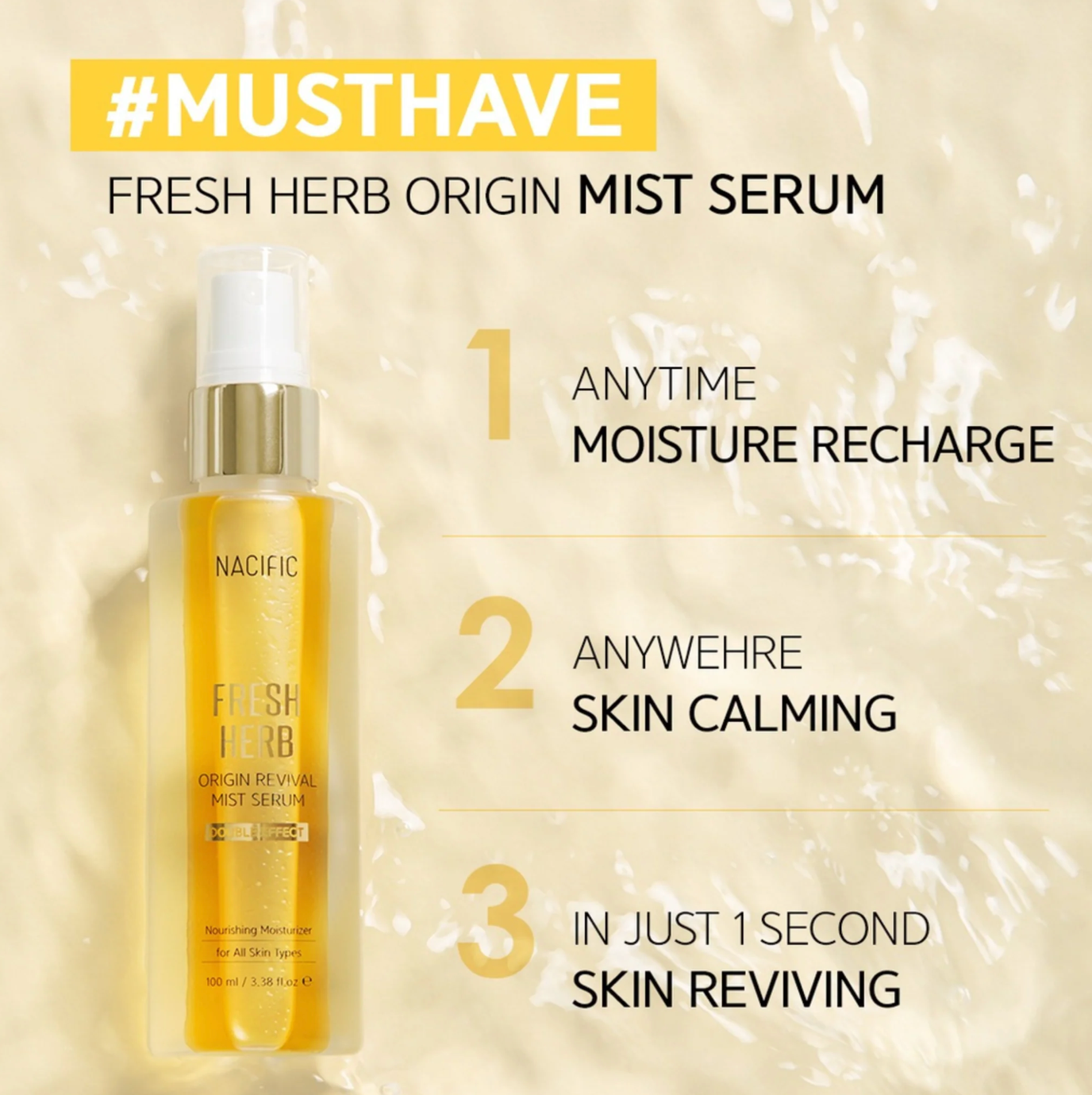Nacific’s bestverkopende Fresh Herb Orgin Serum, is deze vakkundig mist geformuleerd met een mix van citrusextracten om je huid te voeden, verhelderen en hydrateren