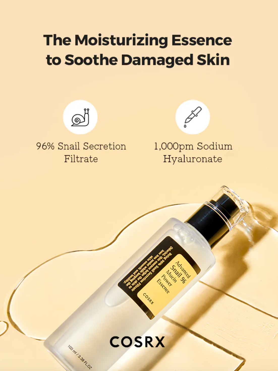 Advanced Snail 96 Mucin Power Essence. Verrijkt met slakkensecretie-filtraat, levert deze essence intense hydratatie en voeding aan je huid.