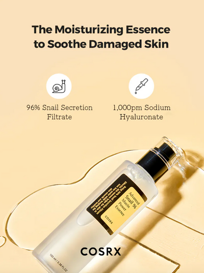 Advanced Snail 96 Mucin Power Essence. Verrijkt met slakkensecretie-filtraat, levert deze essence intense hydratatie en voeding aan je huid.