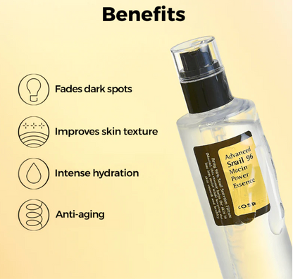 Advanced Snail 96 Mucin Power Essence. Verrijkt met slakkensecretie-filtraat, levert deze essence intense hydratatie en voeding aan je huid.