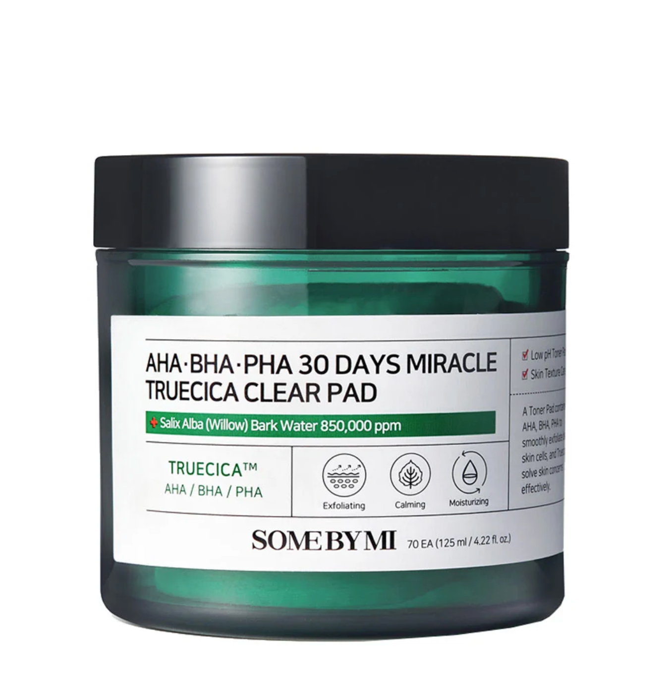 Some By Mi AHA BHA PHA 30 Days Miracle Truecica Clear Pad is een milde wattenschijfje met zeer geconcentreerde cica-essence, om huidige en toekomstige acne-uitbarstingen te elimineren.