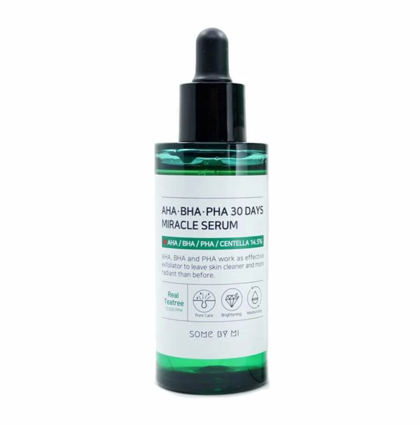 Some By Mi AHA BHA PHA 30 Days Miracle Serum is een exfoliërend serum dat de huid kalmeert en de huidcellen stimuleert. Geformuleerd met 14,5% centella asiatica-extract. AHA verwijdert dode huidcellen en onzuiverheden op het huidoppervlak, terwijl BHA onzuiverheden en talg in de poriën verwijdert. En PHA voorkomt vochtverlies in de huid