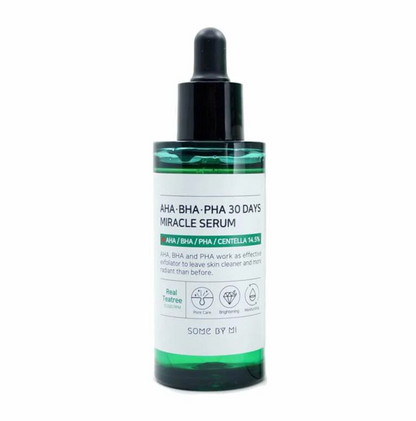 Some By Mi AHA BHA PHA 30 Days Miracle Serum is een exfoliërend serum dat de huid kalmeert en de huidcellen stimuleert. Geformuleerd met 14,5% centella asiatica-extract. AHA verwijdert dode huidcellen en onzuiverheden op het huidoppervlak, terwijl BHA onzuiverheden en talg in de poriën verwijdert. En PHA voorkomt vochtverlies in de huid