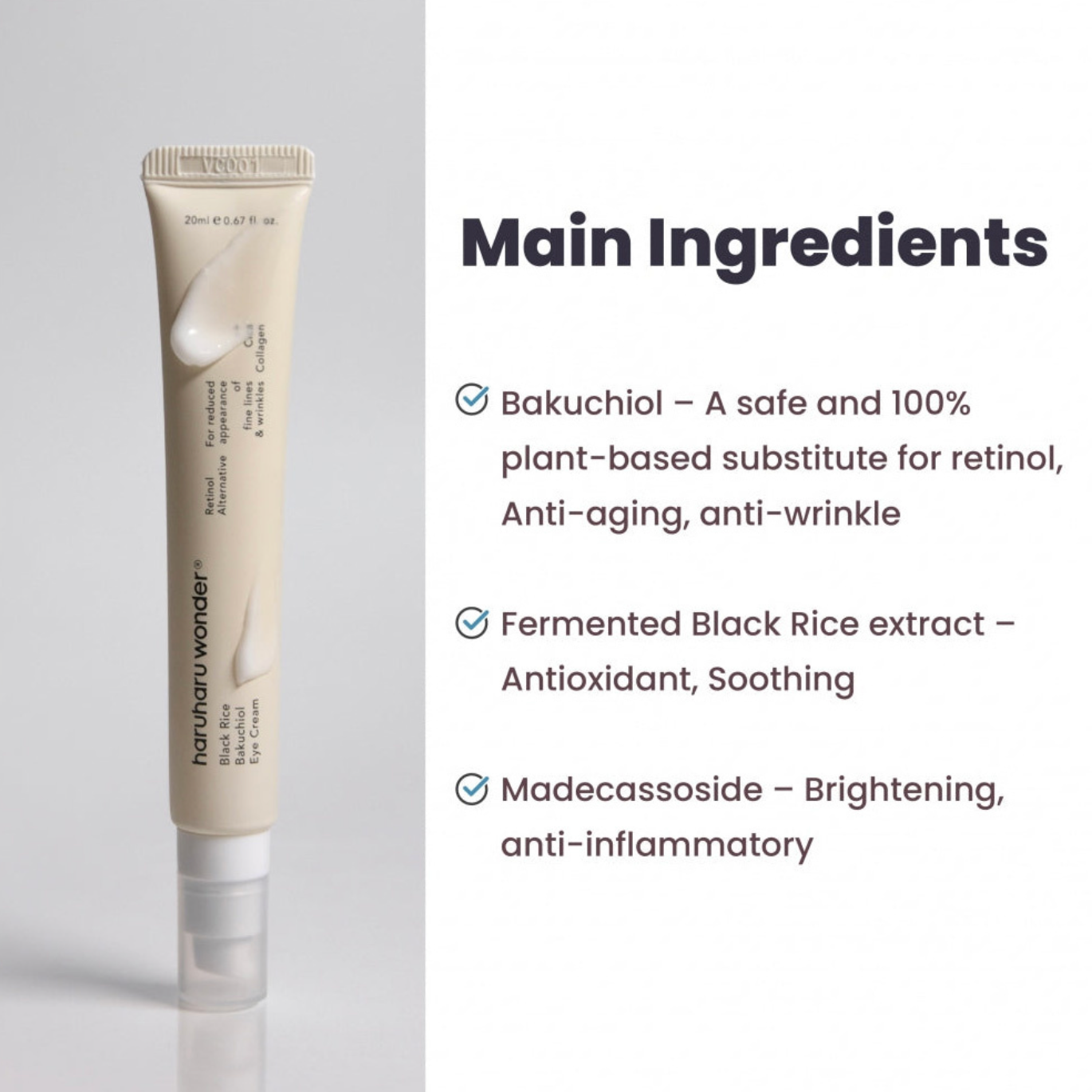 Haruharu Wonder Black Rice Bakuchiol Eye Cream. Bakuchiol en extract van Koreaanse zwarte rijst verzorgen de kwetsbare huid rond de ogen door rimpels en fijne lijntjes te verminderen