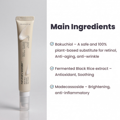 Haruharu Wonder Black Rice Bakuchiol Eye Cream. Bakuchiol en extract van Koreaanse zwarte rijst verzorgen de kwetsbare huid rond de ogen door rimpels en fijne lijntjes te verminderen