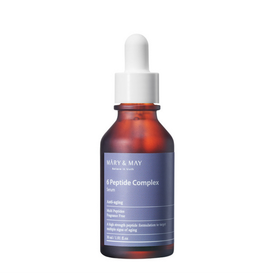 MARY & MAY 6 Peptide complex Serum is een gezichtsserum boordevol zes soorten peptiden om de regeneratie van de huid te stimuleren en rimpels te verminderen, dit serum herstelt de stevigheid en hydratatie.