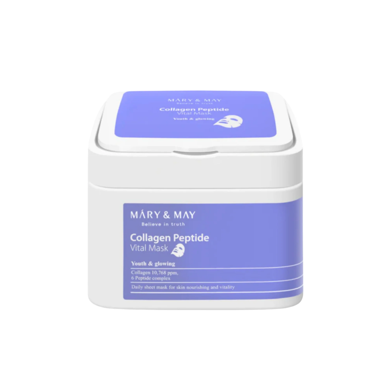 Mary & May Collagen Peptide Vital Mask. Essence die is verrijkt met 6 soorten peptiden en 10,760 ppm collageen met een laag moleculair gewicht. Peptiden stimuleren de celvernieuwing en verbeteren de huidtextuur