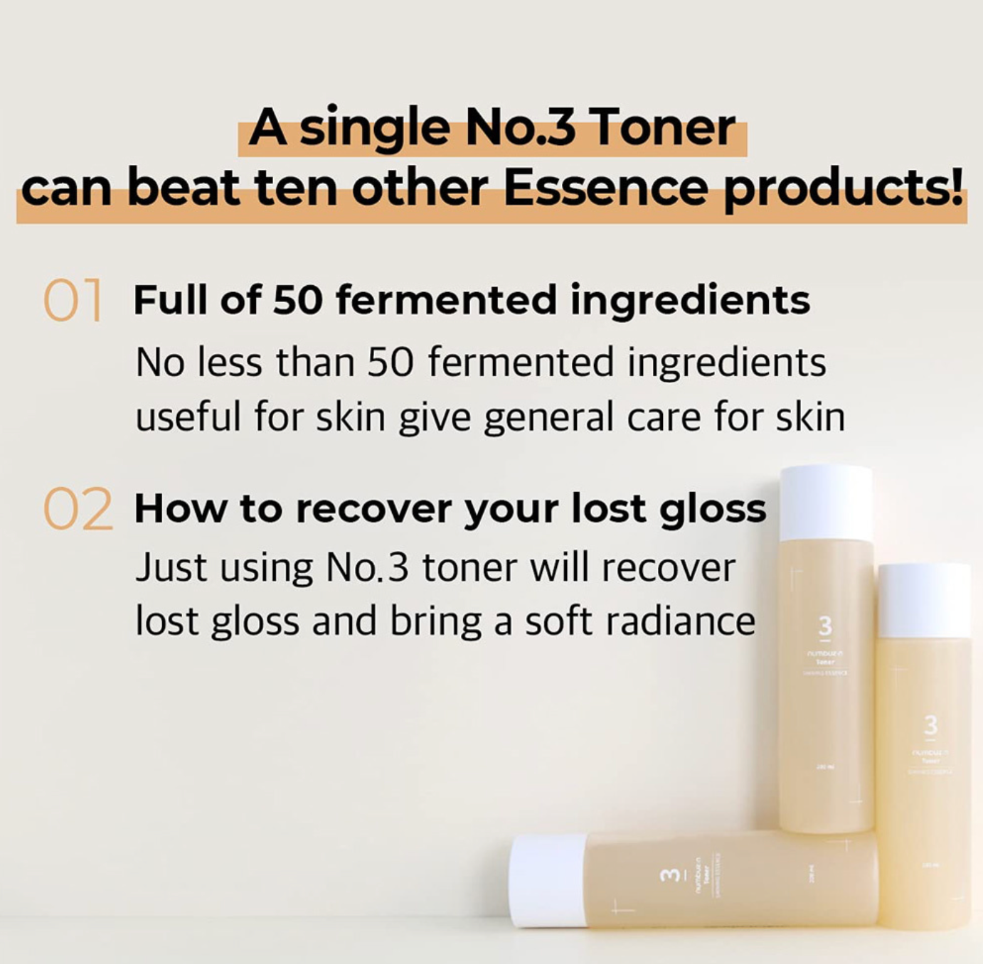 Numbuzin No.3 Super Glowing Essence Toner is verrijkt met 50 soorten gefermenteerde ingrediënten voor een gezond uitziende huid met een prachtige gloed