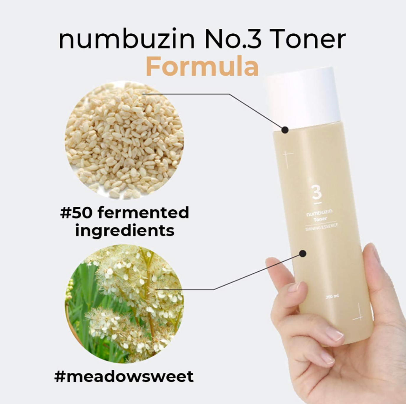 Numbuzin No.3 Super Glowing Essence Toner is verrijkt met 50 soorten gefermenteerde ingrediënten voor een gezond uitziende huid met een prachtige gloed